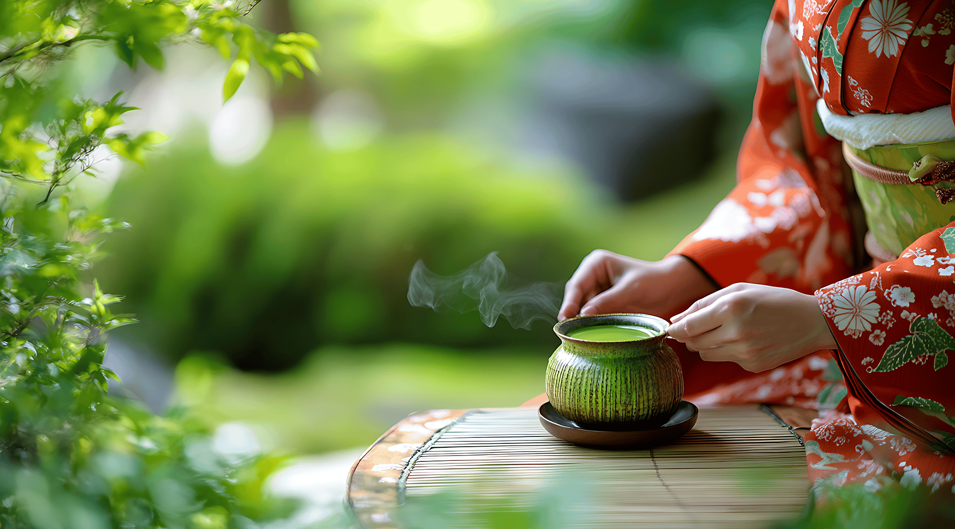 Japanese geisha serving a matcha green tea at a traditional tea ceremony