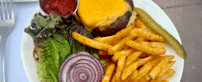 Ketchup with fries and a cheese burger