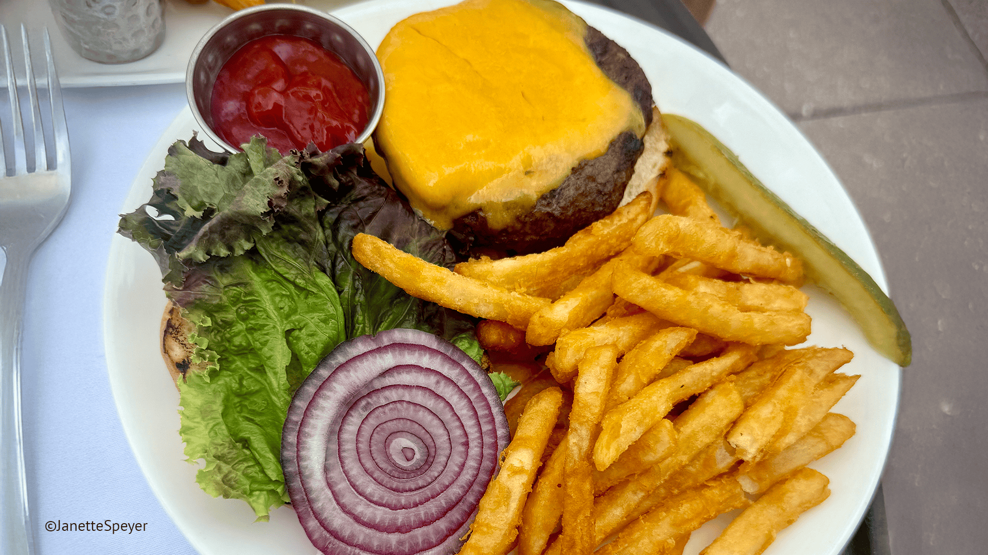 Ketchup with fries and a cheese burger