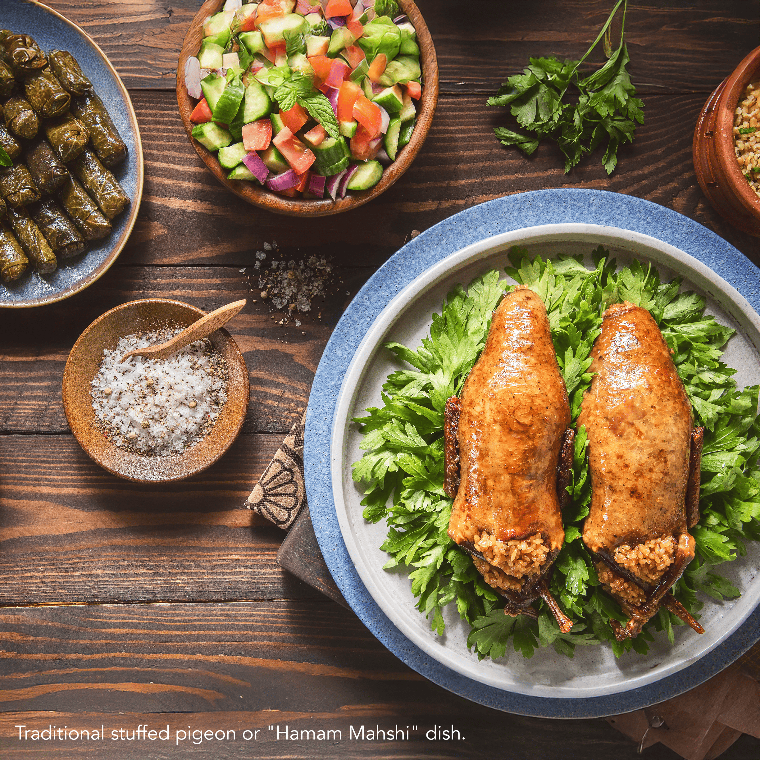Arabic Cuisine; Egyptian traditional stuffed pigeon or "Hamam Mahshi" dish. Birds of a "different" feather
